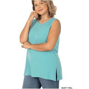 Sleeveless Side Slit Top - Plus Size - Dusty Teal